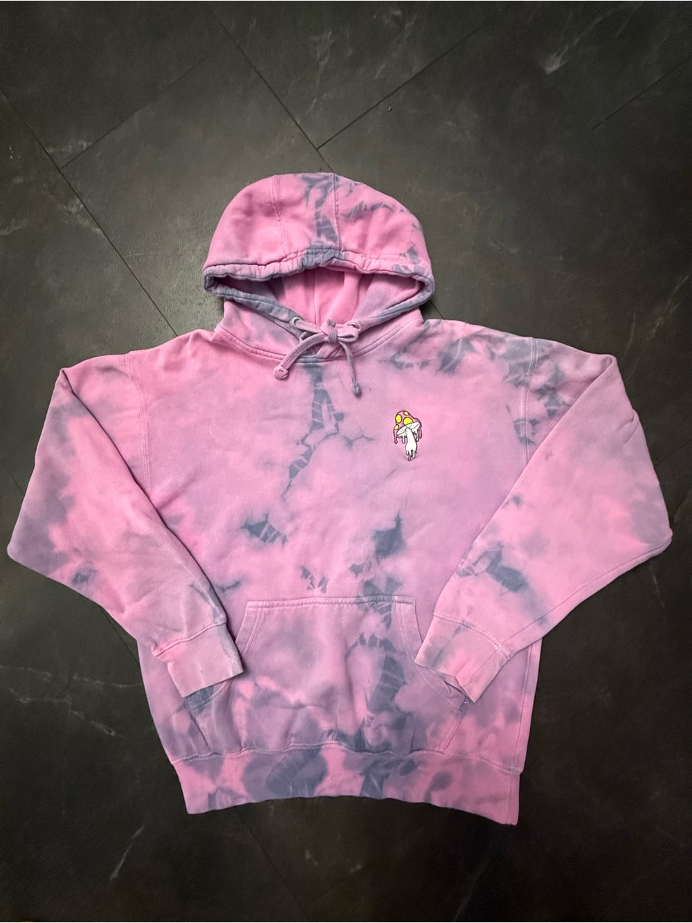 Pink Tie-Dye Hoodie Sweatshirt with Mushroom Embroidery Size M